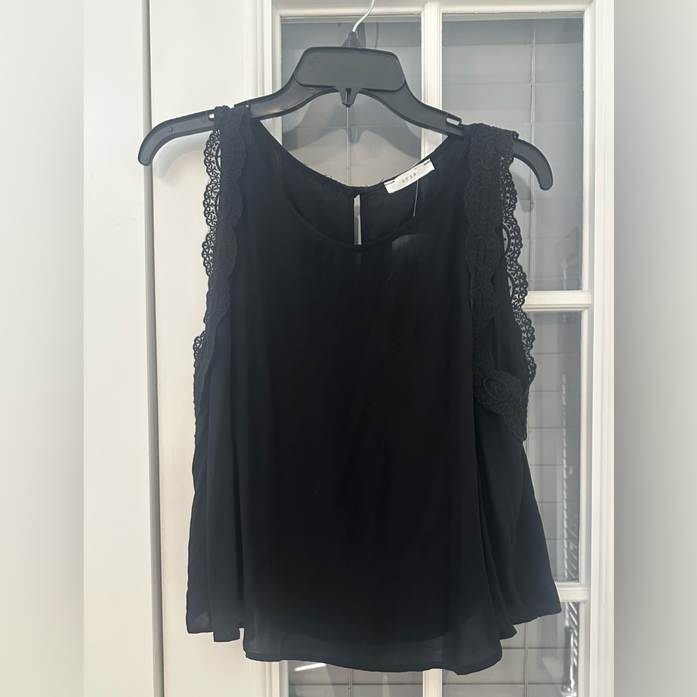 NWT, Lush Black Sleeveless Blouse with Lace Detail, Large